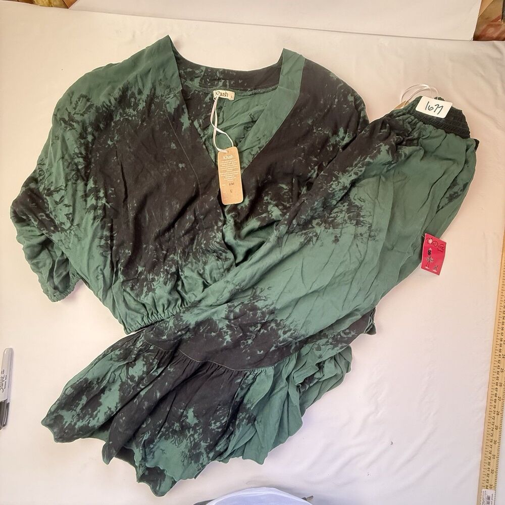 Khush Women’s 2-Piece Tie-Dye Set V-Neck Blouse & Skirt L Green/Black